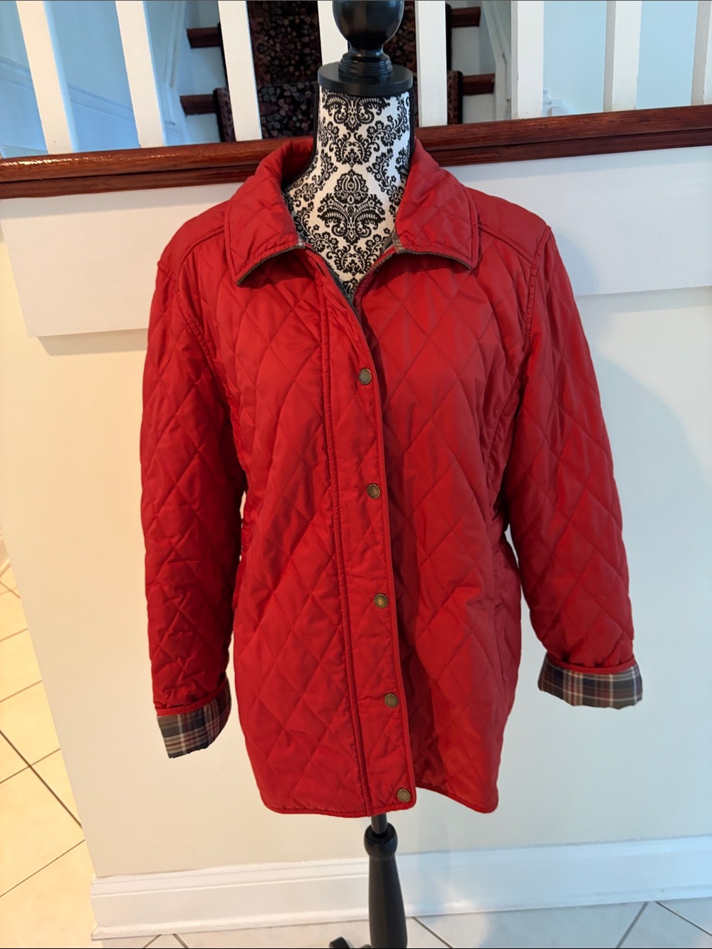L.L. Bean Quilted Red Women's Jacket with Plaid Cuff Detail